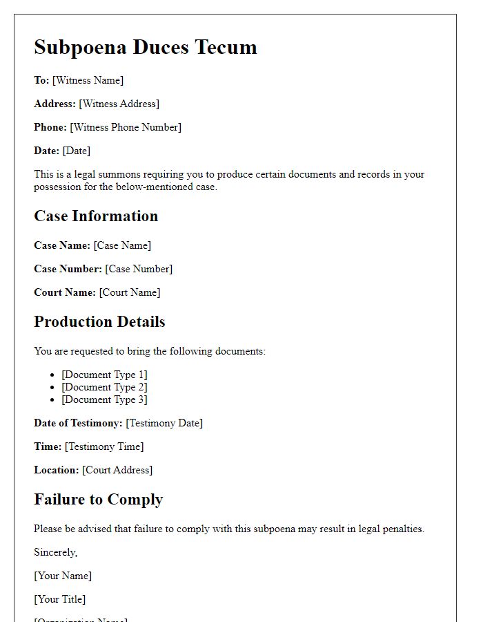 Letter template of subpoena duces tecum for witness testimony