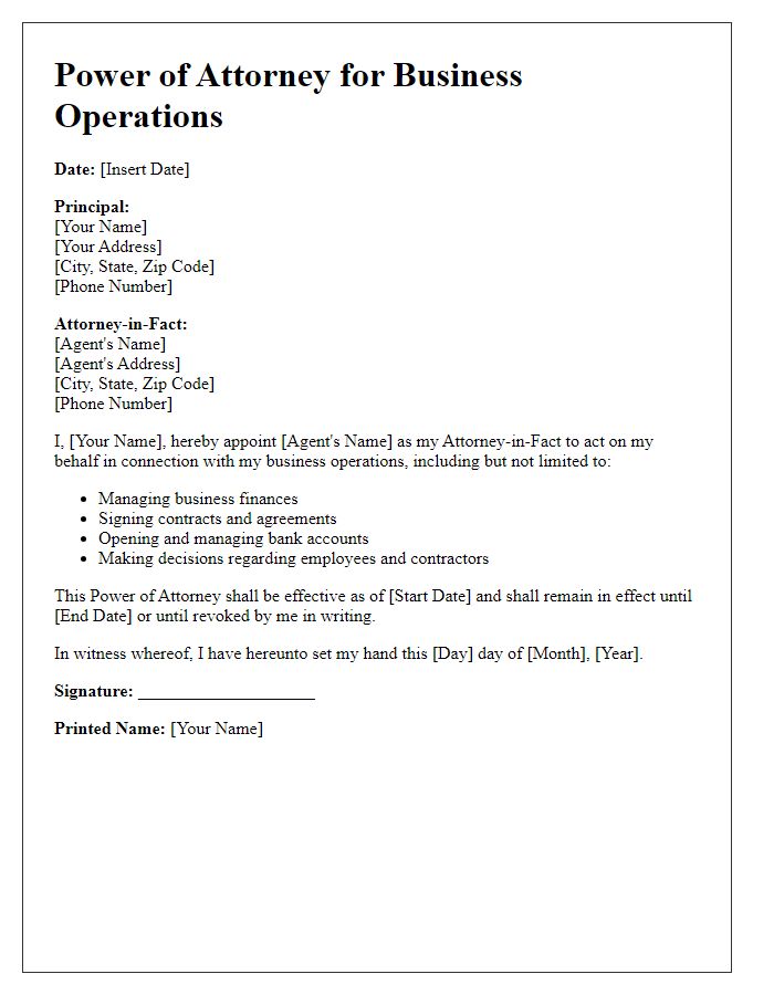 Letter template of power of attorney for business operations