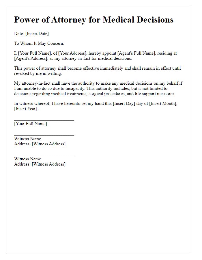 Letter template of power of attorney for medical decisions