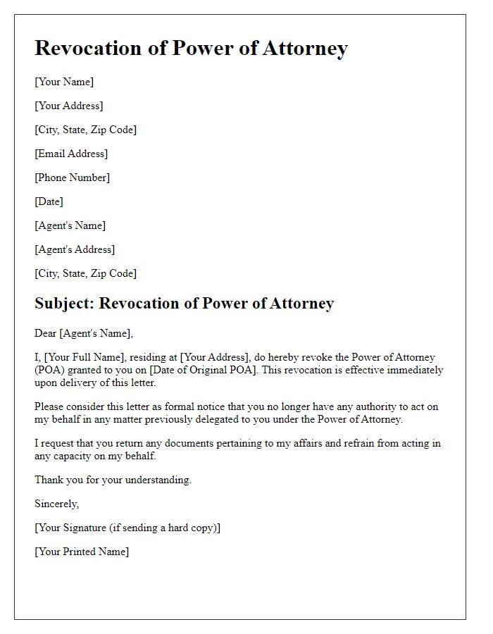 Letter template of power of attorney revocation