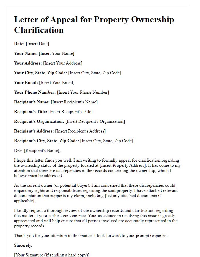 Letter template of appeal for property ownership clarification