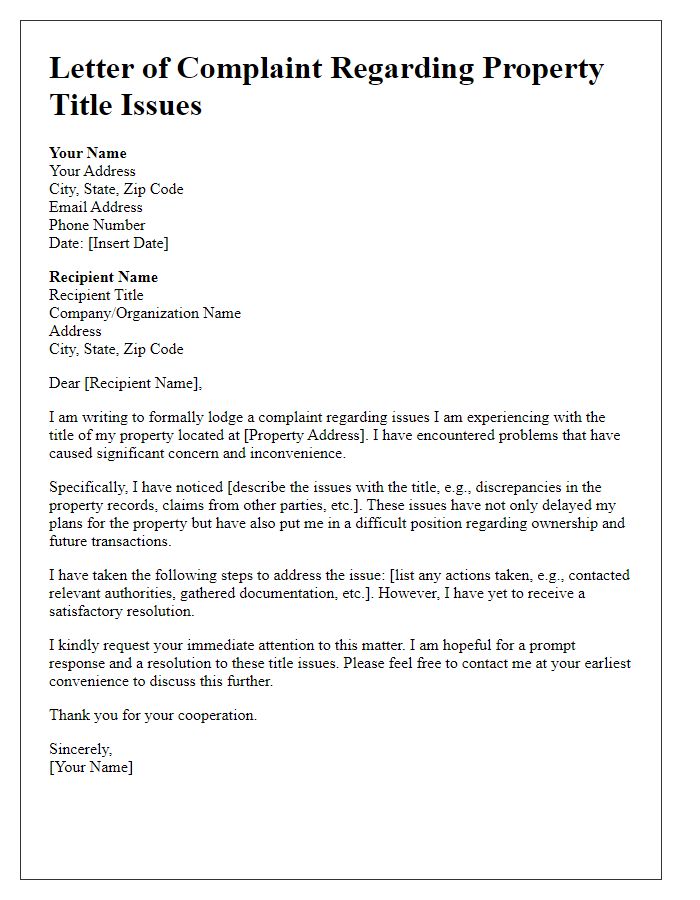 Letter template of complaint regarding property title issues