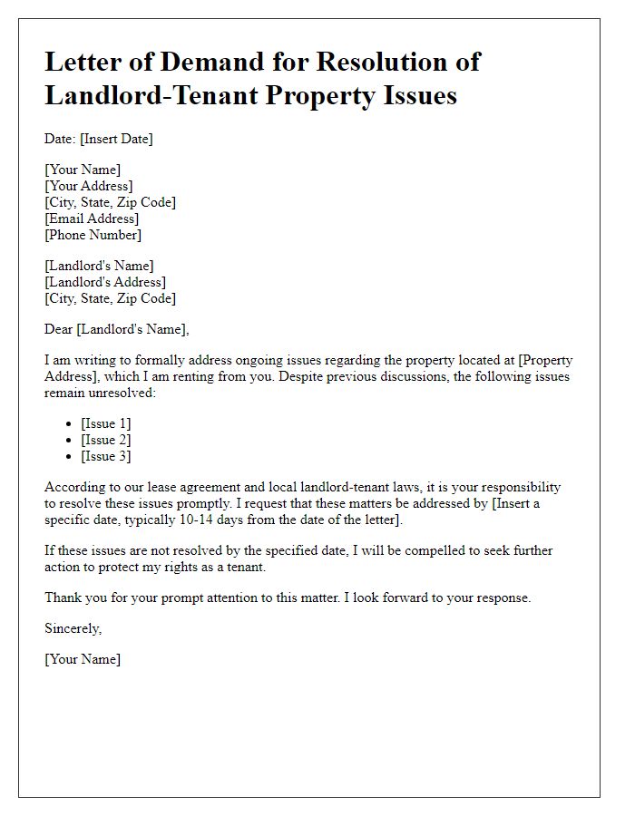 Letter template of demand for resolution of landlord-tenant property issues