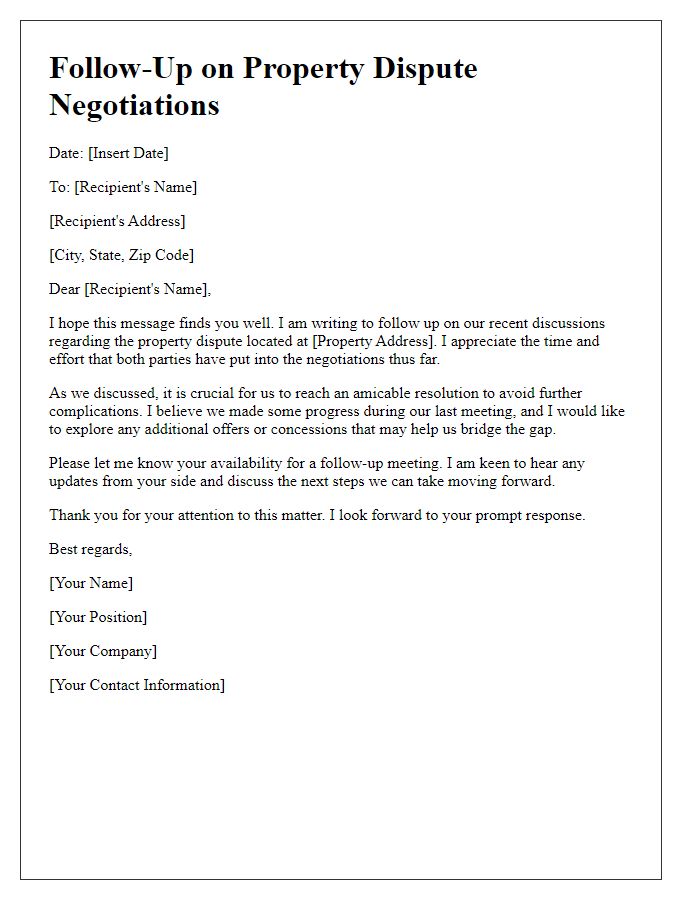 Letter template of follow-up on property dispute negotiations