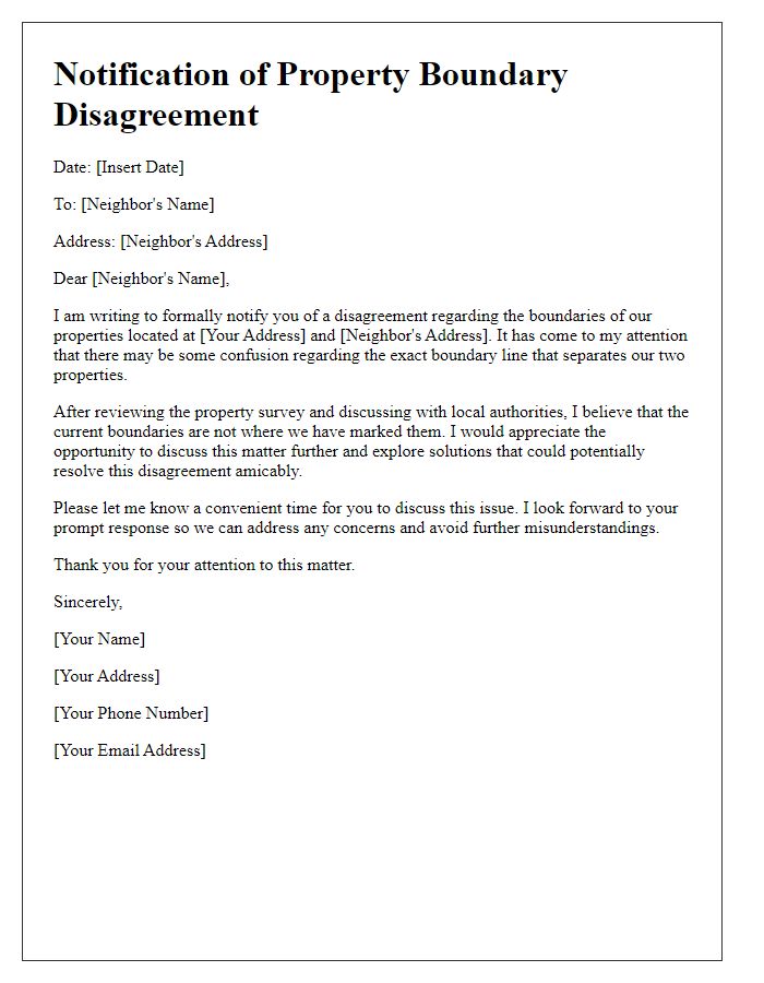 Letter template of notification for property boundary disagreement