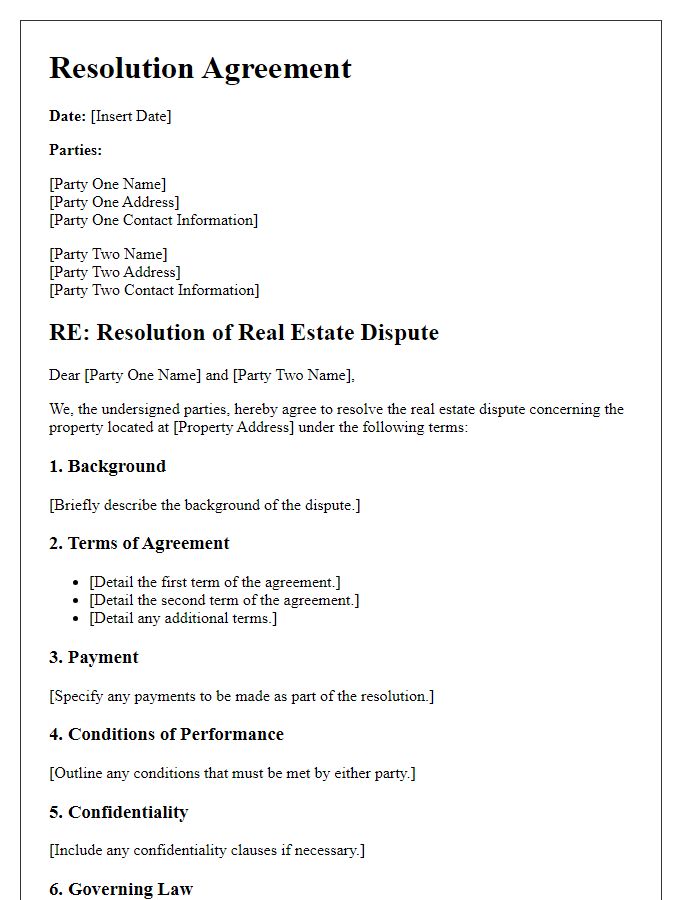 Letter template of resolution agreement for real estate disputes