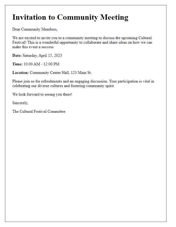 Letter template of community meeting invitation for cultural festival coordination