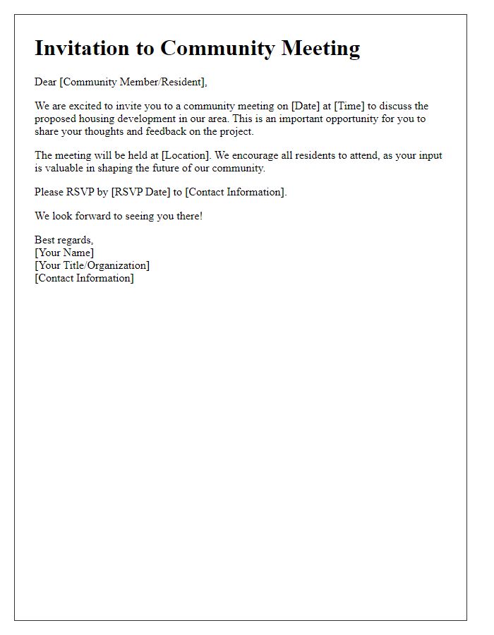 Letter template of community meeting invitation for housing development feedback