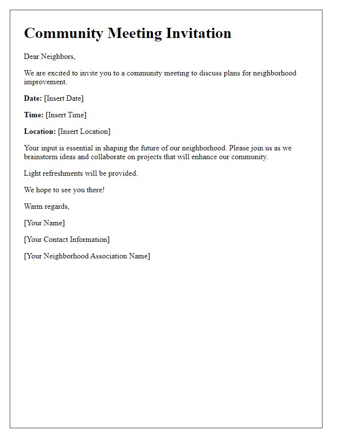 Letter template of community meeting invitation for neighborhood improvement discussion