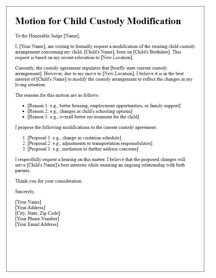 Letter template of motion for child custody modification based on parental relocation.