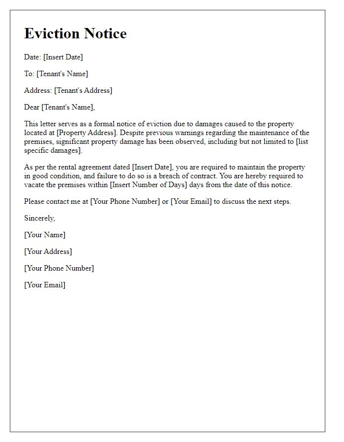 Letter template of eviction notice due to property damage.