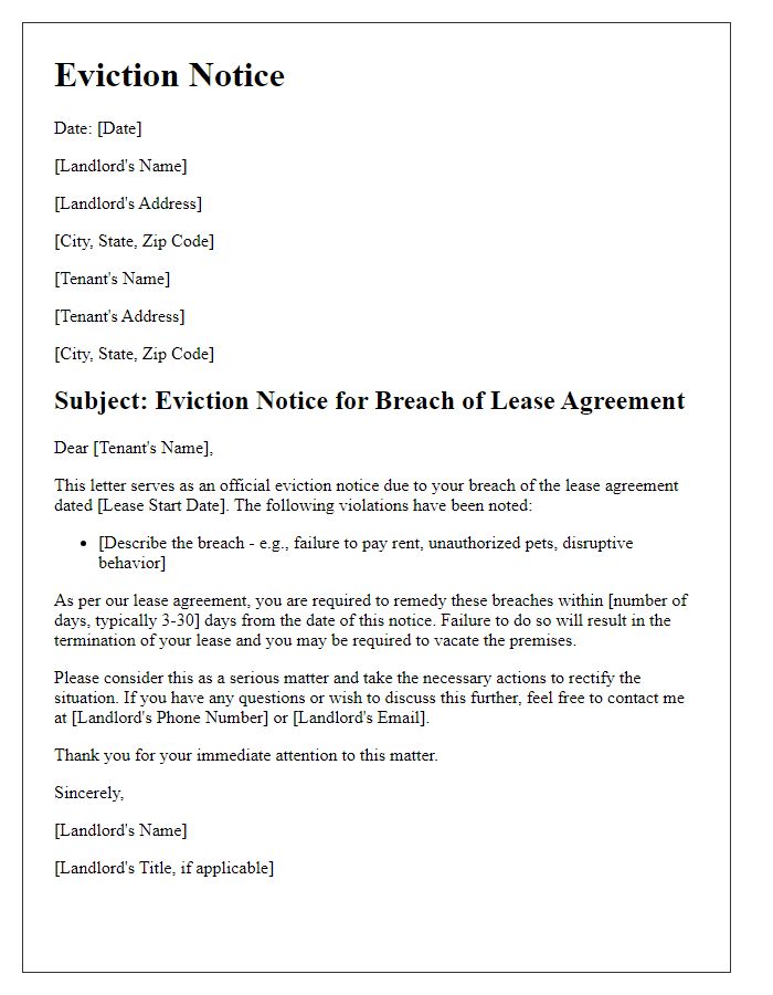 Letter template of eviction notice for essential lease agreements breach.