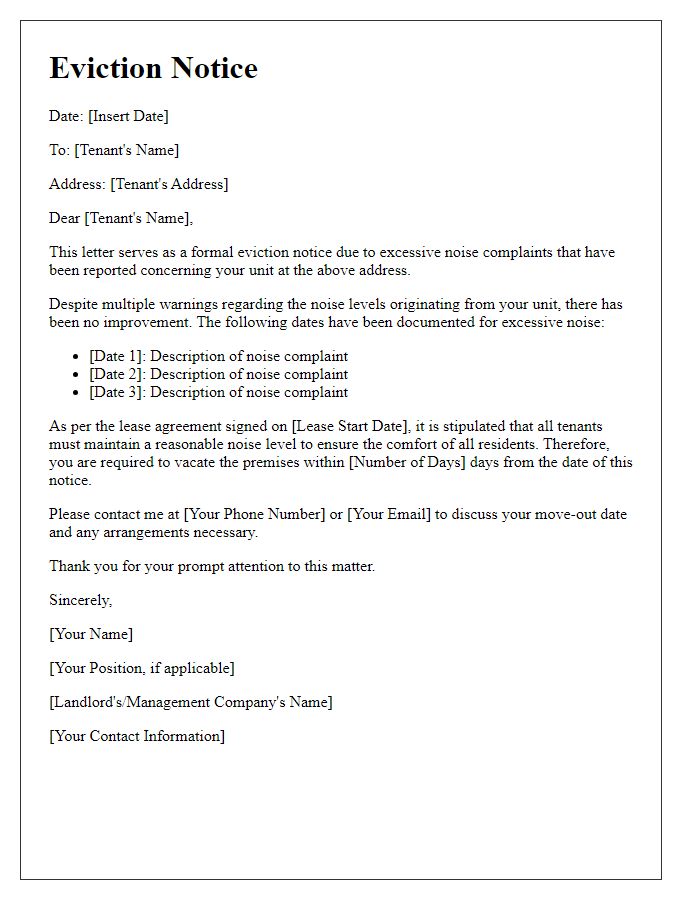 Letter template of eviction notice for excessive noise complaints.