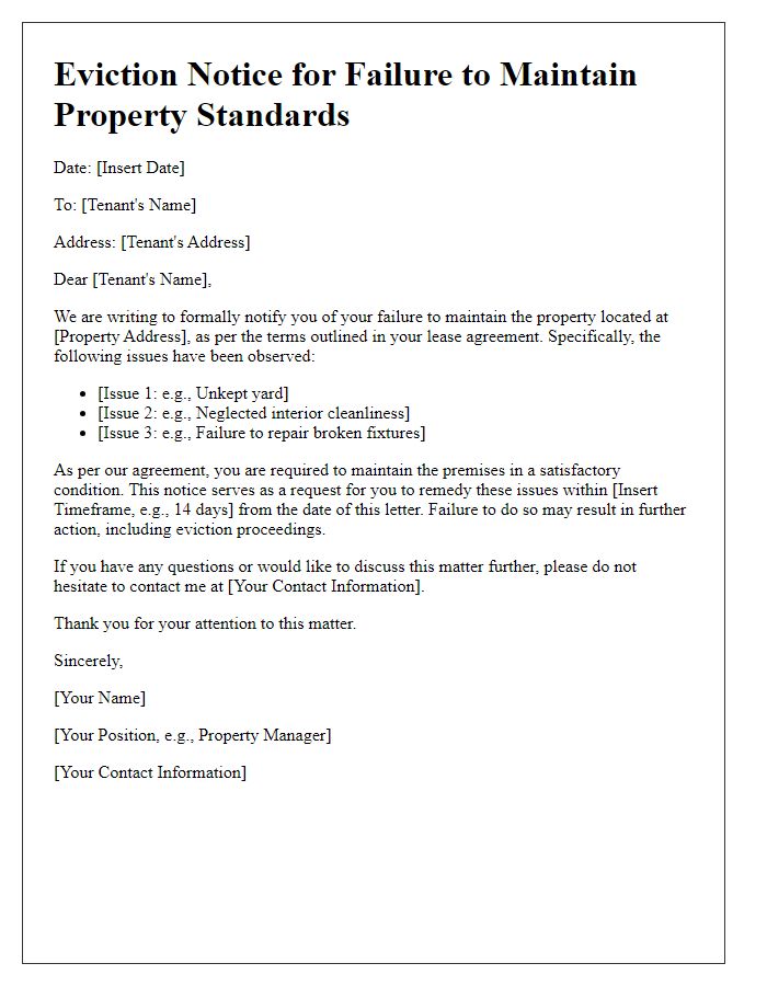 Letter template of eviction notice for failure to maintain property standards.