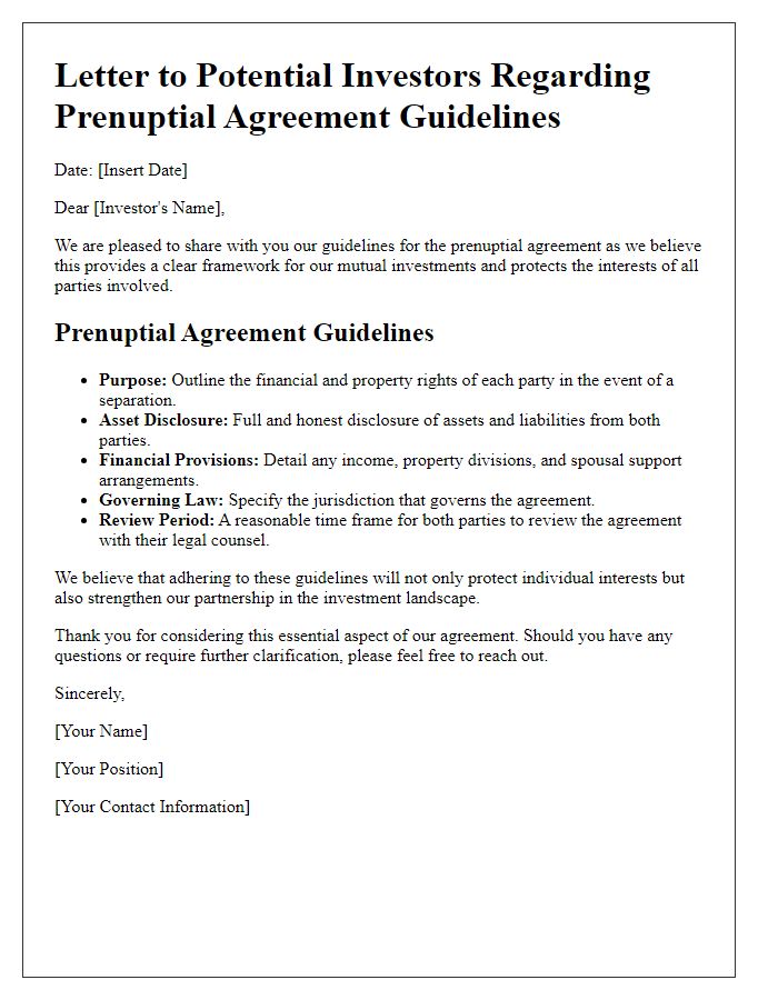 Letter template of prenuptial agreement guidelines for potential investors