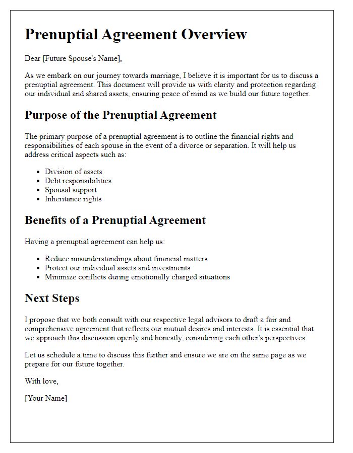 Letter template of prenuptial agreement overview for future spouses