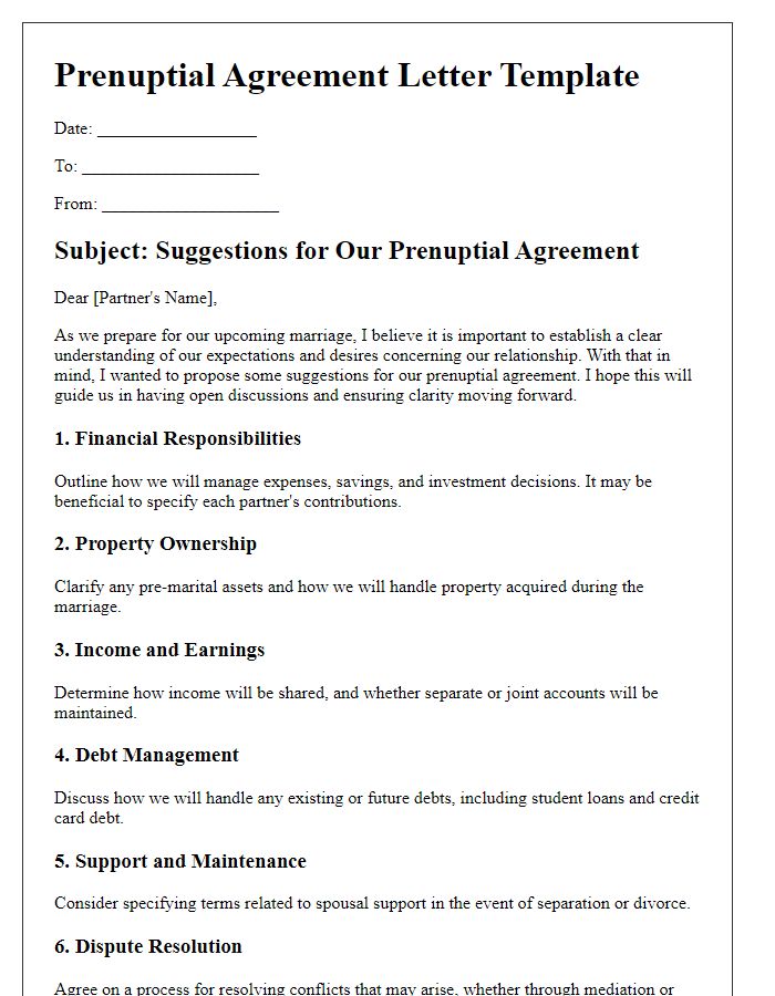 Letter template of prenuptial agreement suggestions for relationship clarity