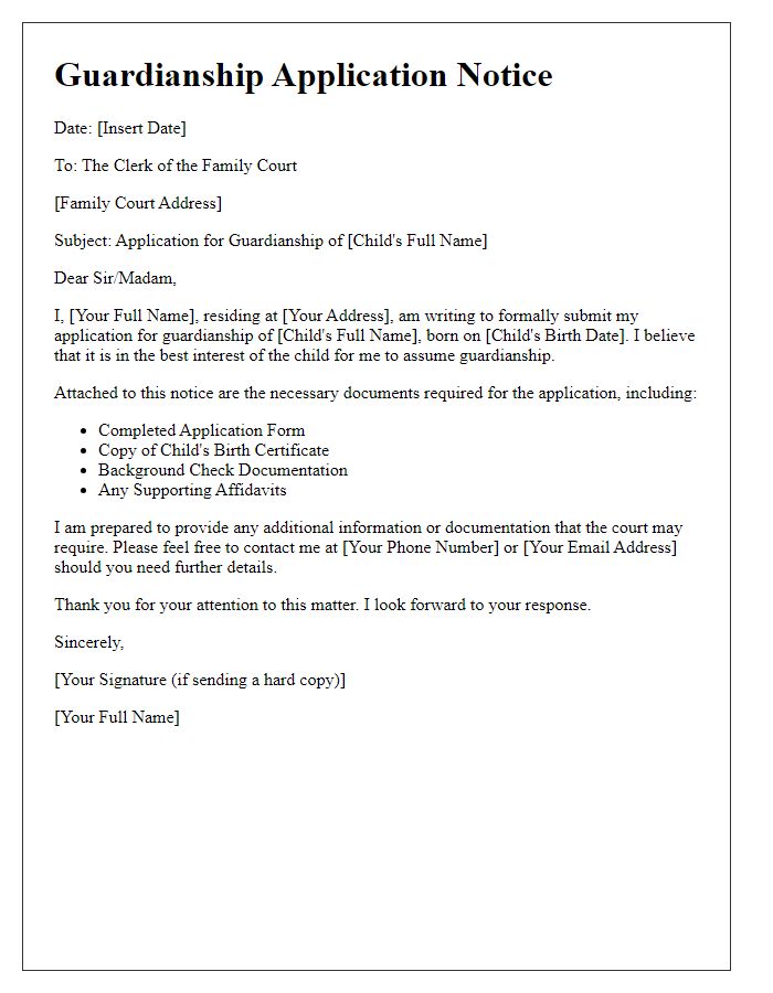 Letter template of guardianship application notice for family court submission