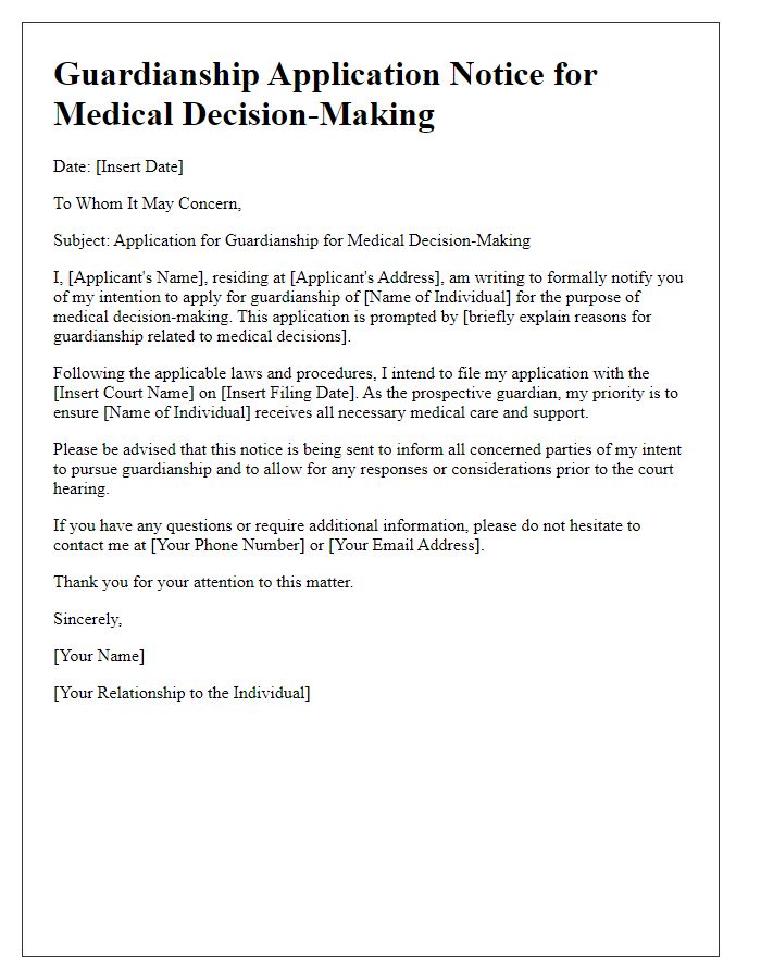 Letter template of guardianship application notice for medical decision-making