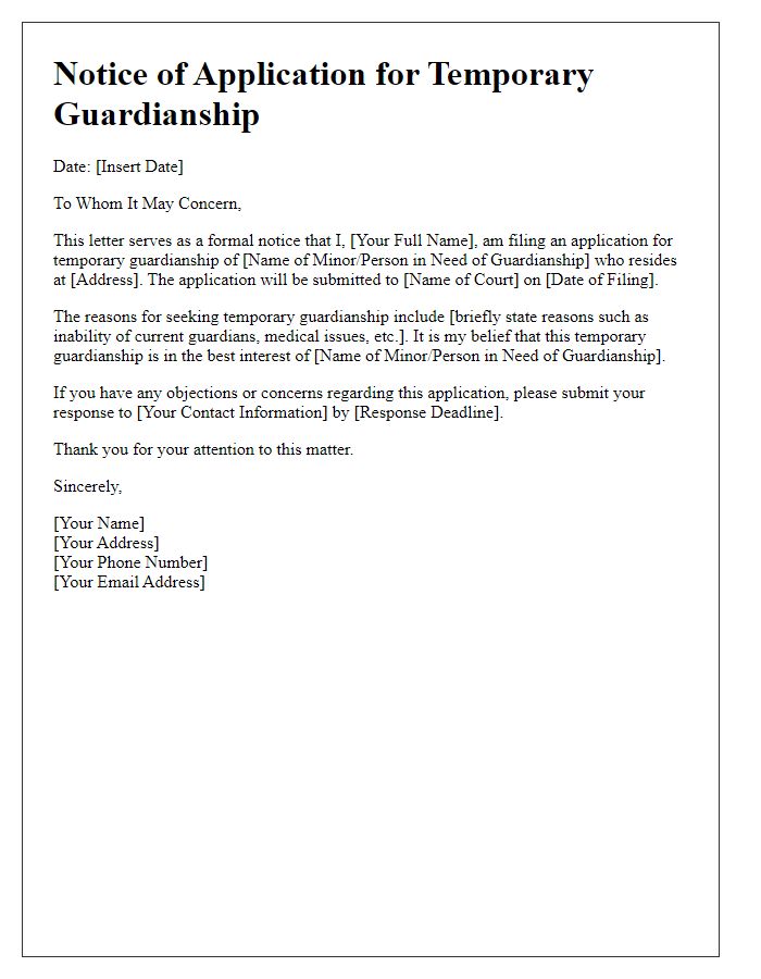 Letter template of guardianship application notice for temporary guardianship