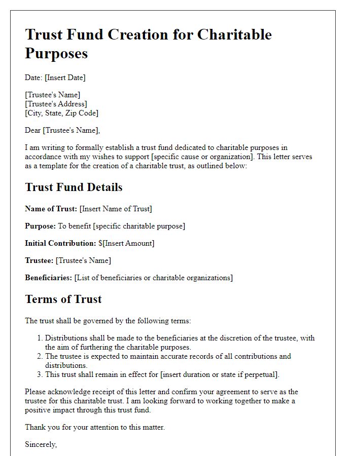 Letter template of trust fund creation for charitable purposes