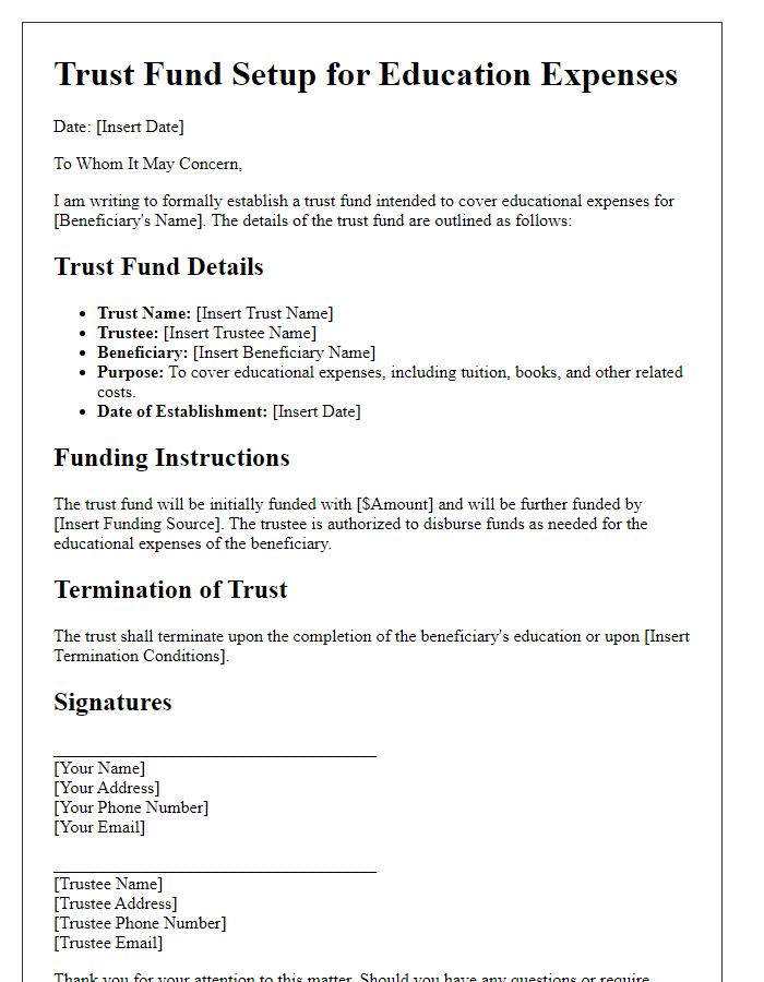 Letter template of trust fund setup for education expenses