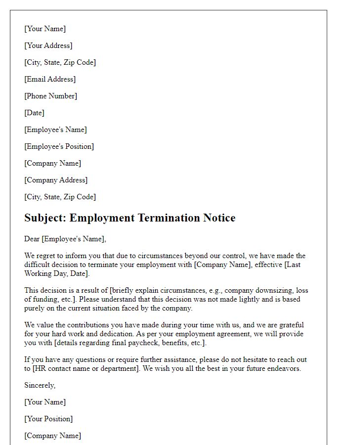 Letter template of employment termination for reasons beyond control