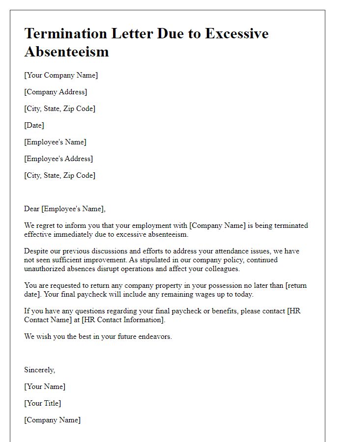 Letter template of termination due to excessive absenteeism