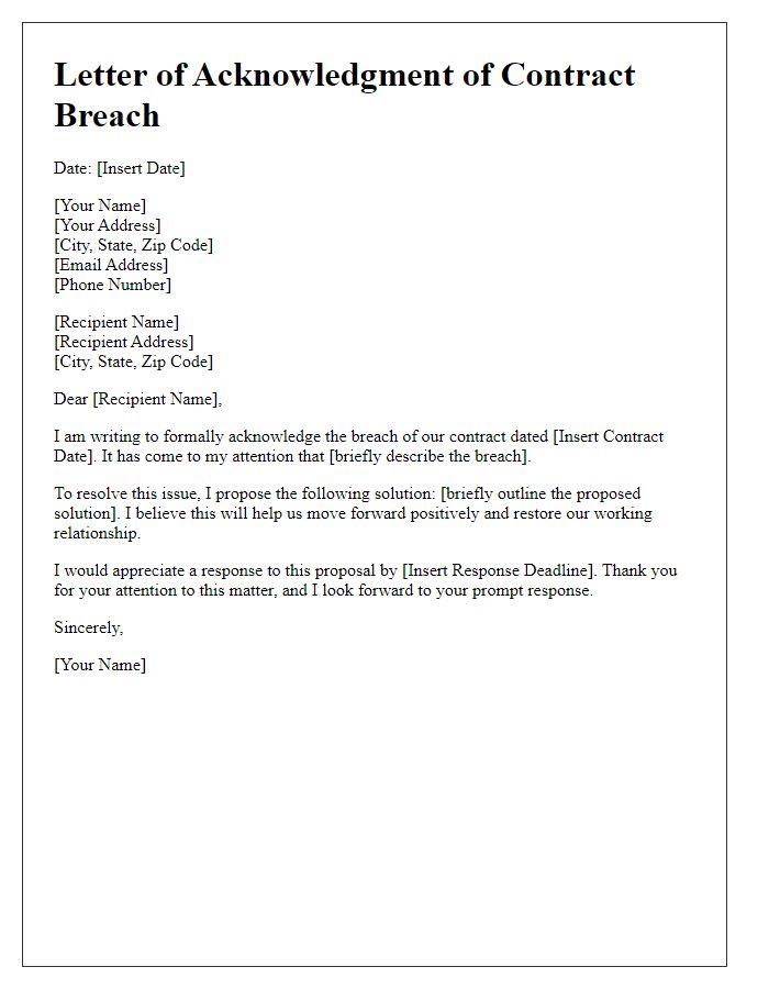 Letter template of acknowledgment of contract breach and proposed solution