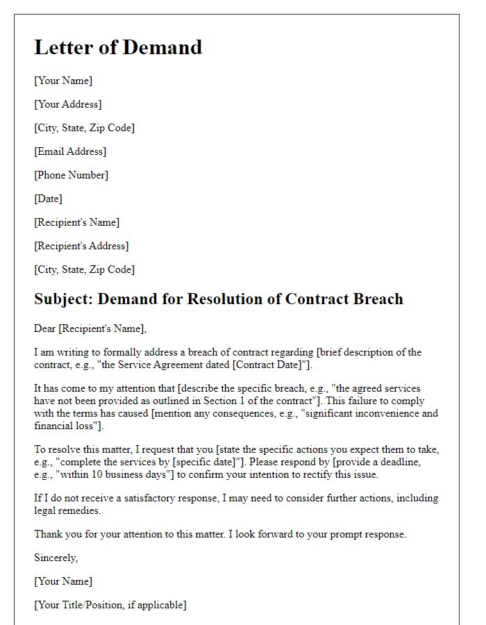 Letter template of demand for resolution of contract breach