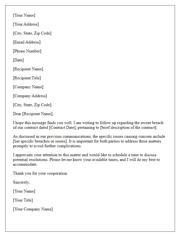 Letter template of follow-up on contract breach resolution