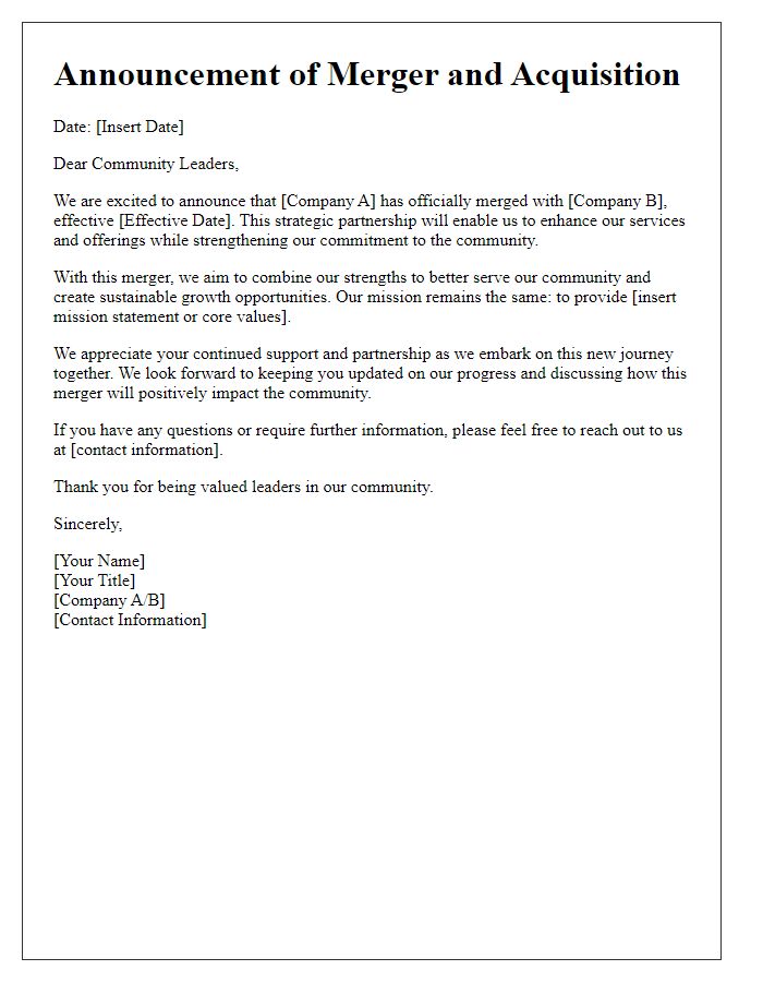 Letter template of merger and acquisition announcement for community leaders