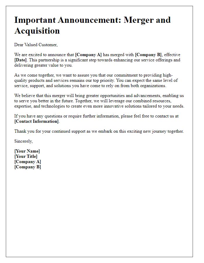 Letter template of merger and acquisition announcement for customers