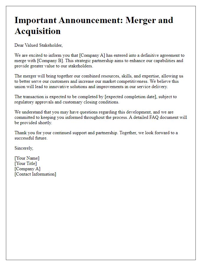 Letter template of merger and acquisition announcement for stakeholders