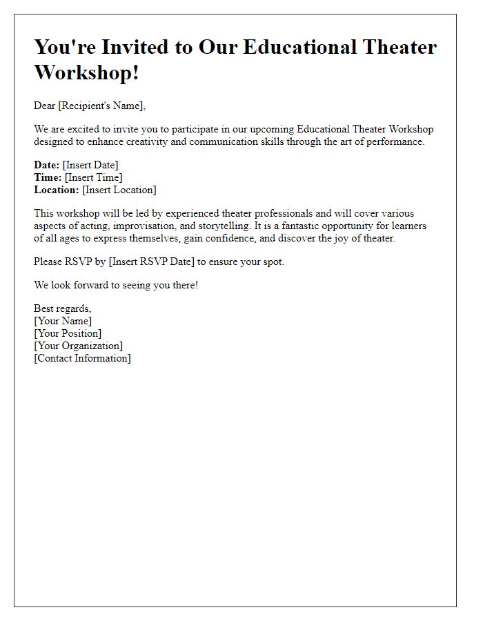 Letter template of an educational theater workshop invitation.