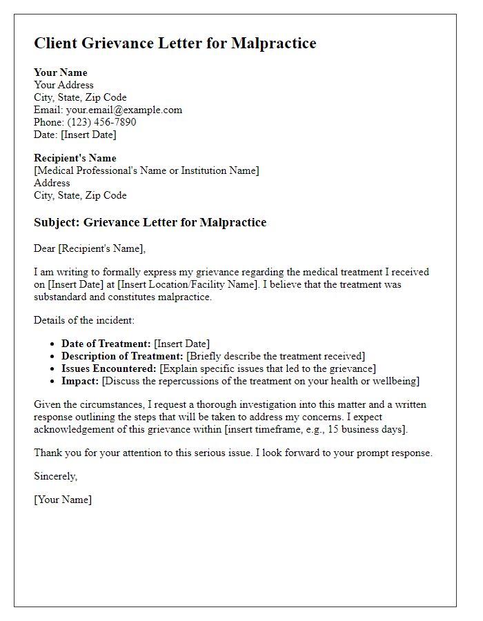 Letter template of client grievance for malpractice