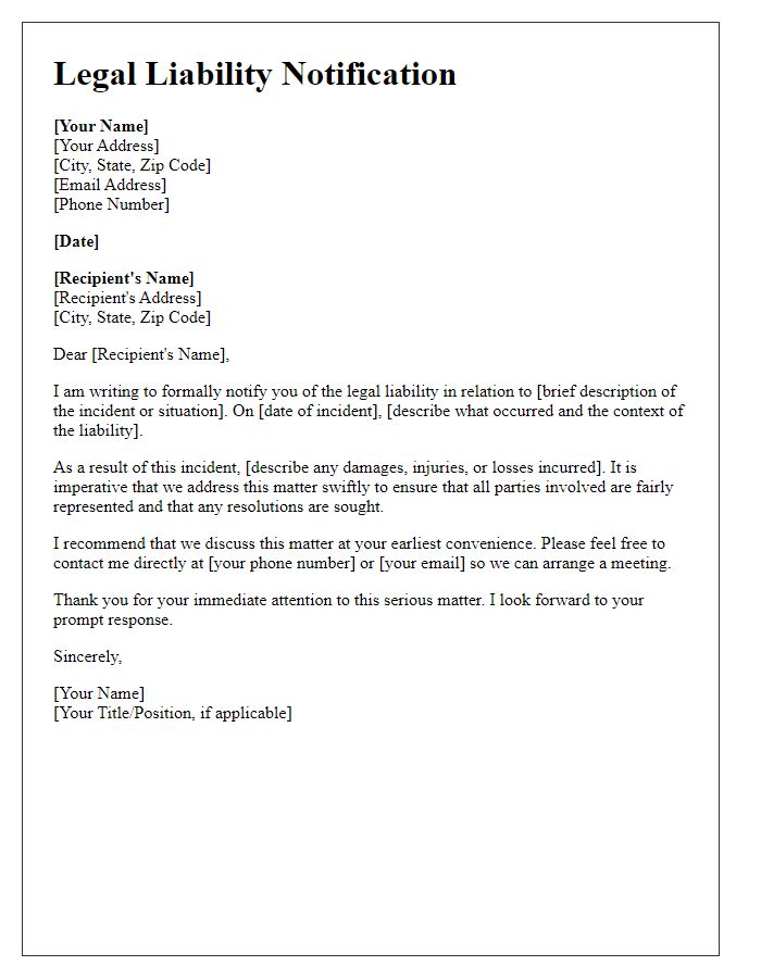 Letter template of legal liability communication