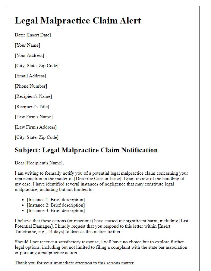 Letter template of legal malpractice claim alert