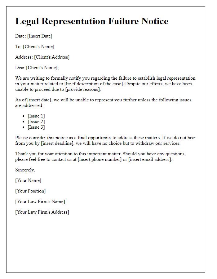 Letter template of legal representation failure notice