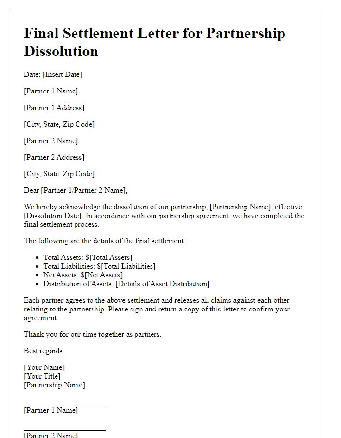 Letter template of final settlement for partnership dissolution