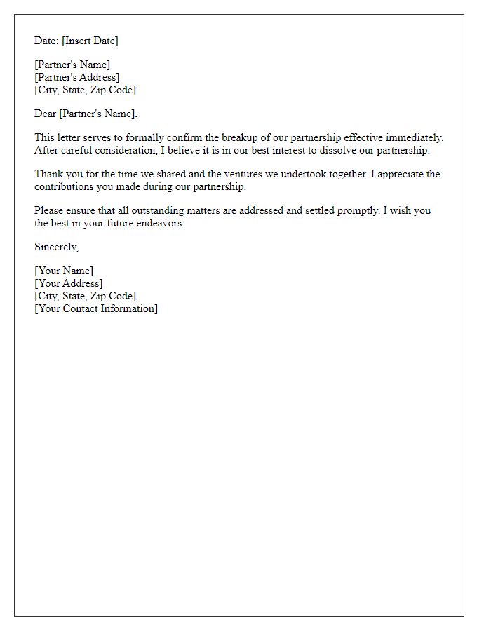 Letter template of partnership breakup confirmation