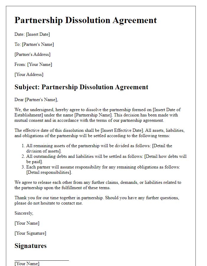 Letter template of partnership dissolution agreement