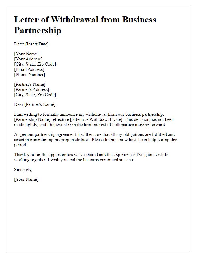 Letter template of withdrawal from business partnership