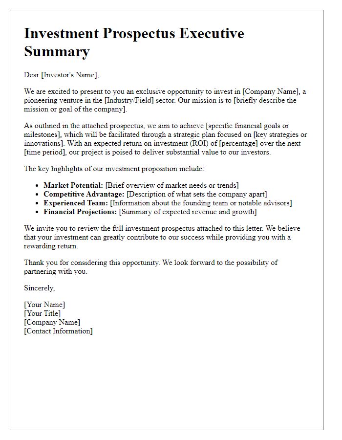 Letter template of investment prospectus executive summary