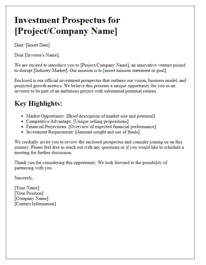 Letter template of investment prospectus for potential investors