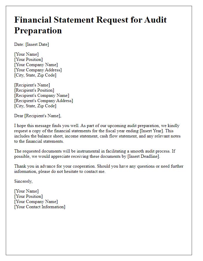 Letter template of financial statement request for audit preparation