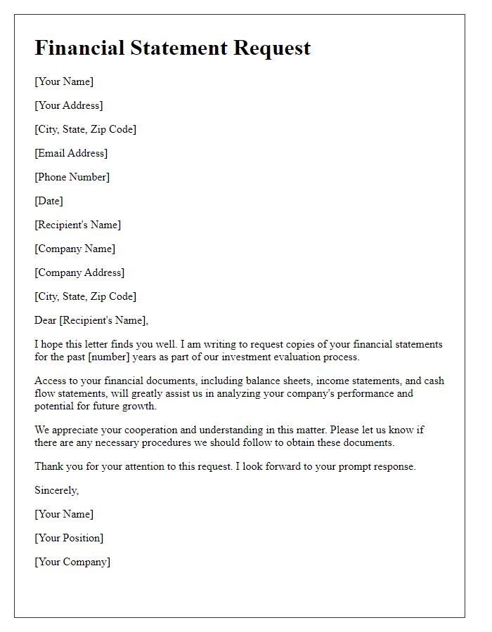 Letter template of financial statement request for investment evaluation