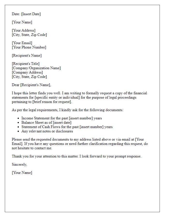 Letter template of financial statement request for legal purposes