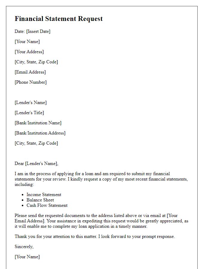 Letter template of financial statement request for loan application