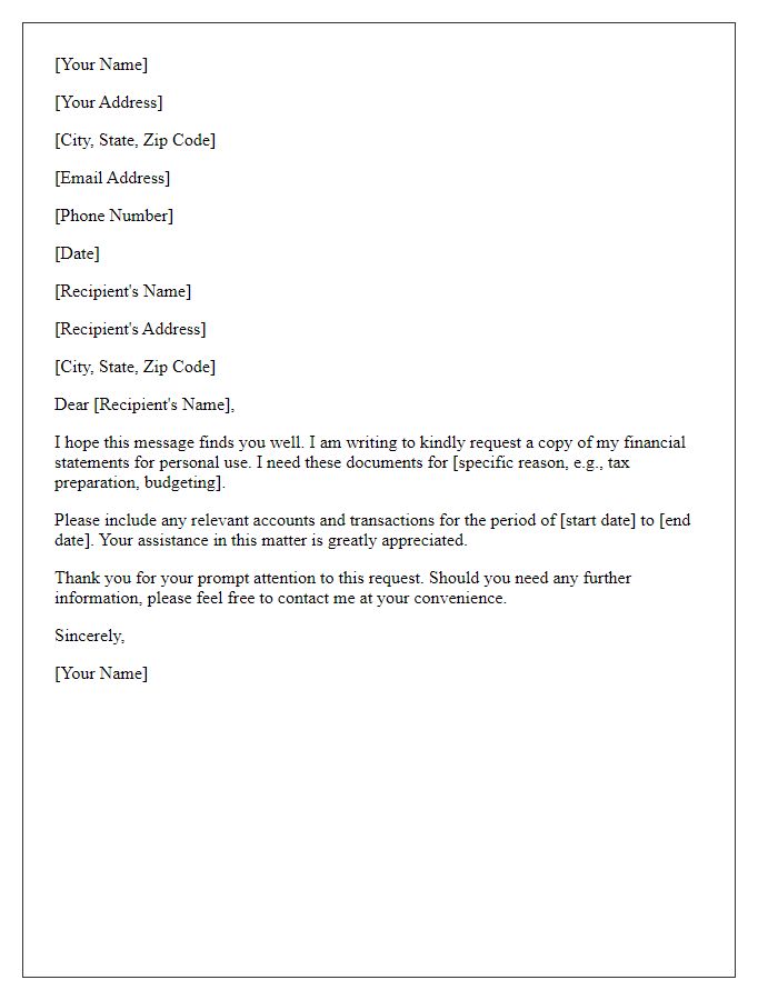 Letter template of financial statement request for personal use